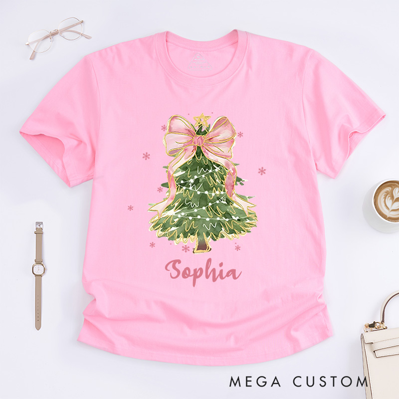 Personalized Christmas Tree with Pink Bow and Lights Christmas T-Shirt