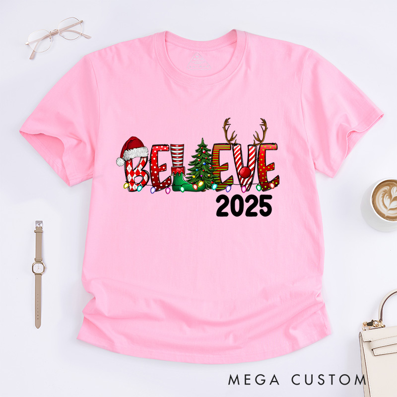 Personalized Believe with Holiday Icons and Reindeer Antlers Christmas T-Shirt