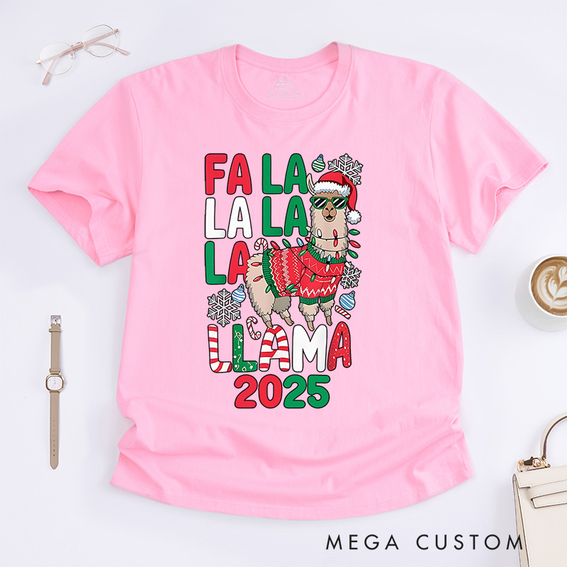 Personalized Fa La La Llama with Santa Hat and Scarf Christmas T-Shirt