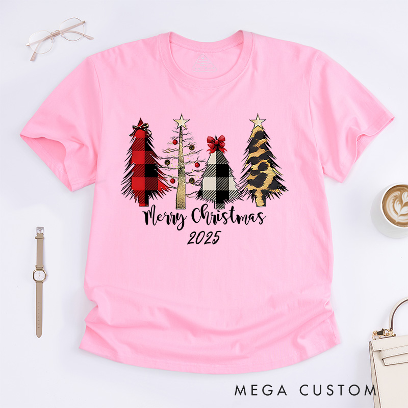 Personalized Plaid and Animal Print Christmas Trees with Bow Christmas T-Shirt