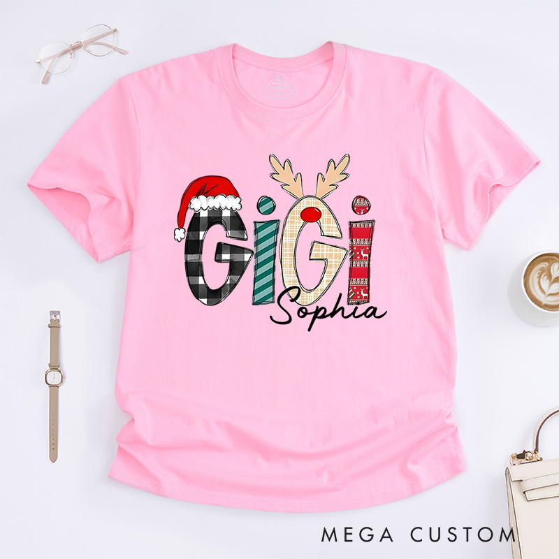 Personalized Gigi with Festive Patterns and Santa Hat Christmas T-Shirt