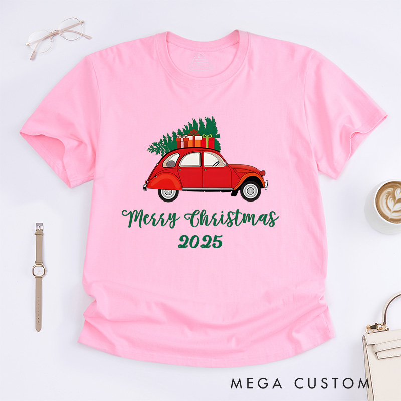 Personalized Red Car Carrying Christmas Tree with Merry Christmas Text Christmas T-Shirt