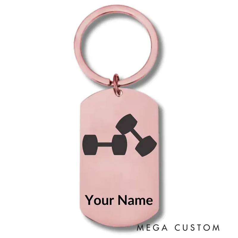 Personalized Engraved Metal Oval Keychain with Dumbbells Workout Stainless Steel Keychain for Gym Lovers