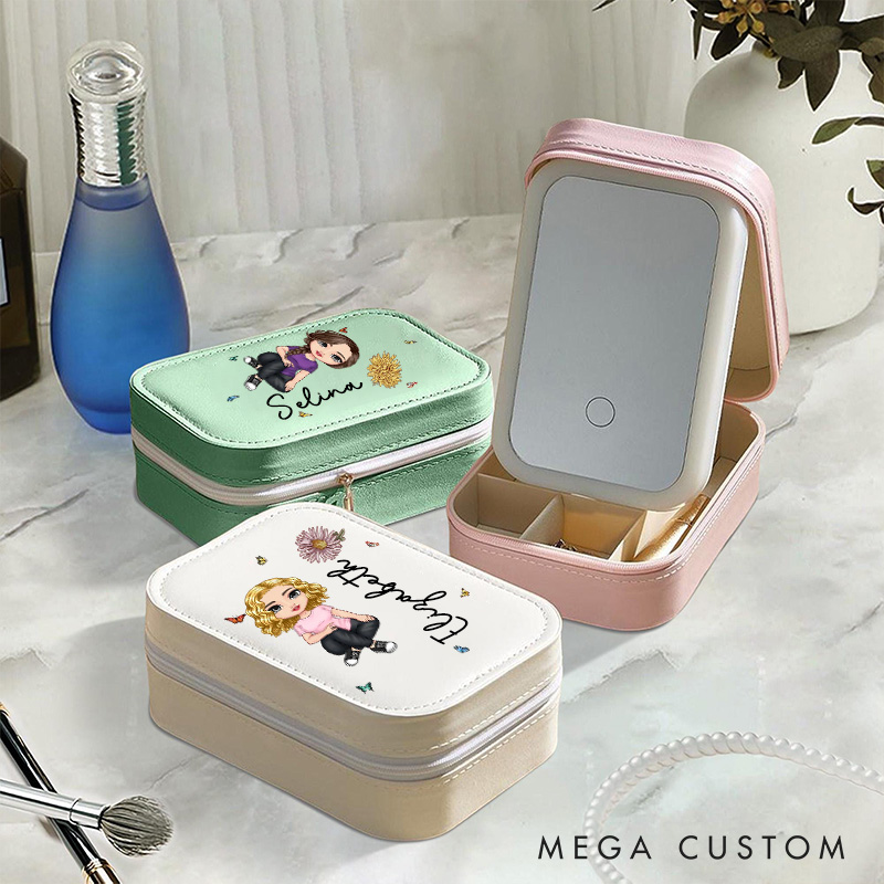 Personalized Cartoon Character Birth Flower Leather Jewelry Box with LED Three-color Makeup Mirror Travel Essential Birthday Gift for Women
