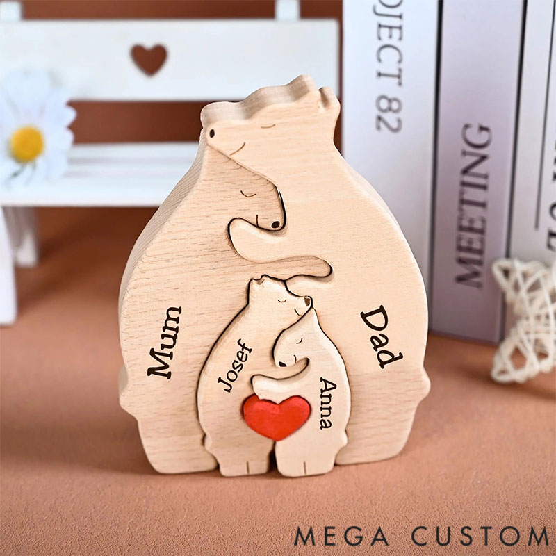 Personalized Carved Wooden Bear Family Jigsaw Puzzle, Wood Bear Figurines, Hugging Bear Family Keepsake Gift for Parents, Christmas Bear Decor