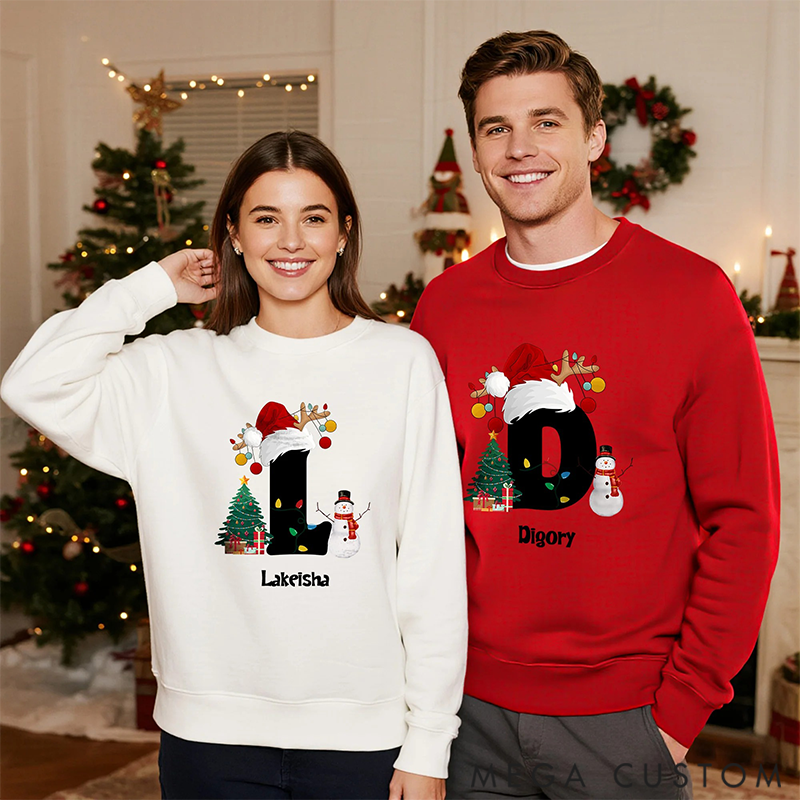 Personalized Christmas Trees Snowmen Multicolor Sweatshirt Hoodie with Initial and Name Christmas Gift for Family 