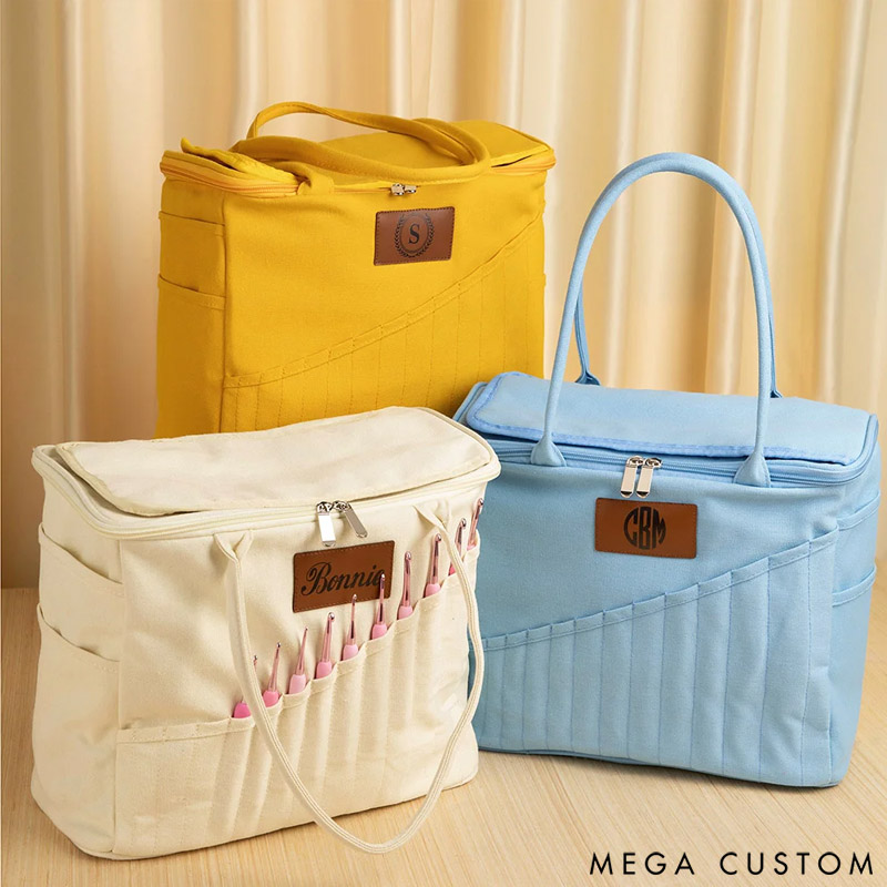 Personalized Monogram Large Canvas Yarn Storage Bag with Needle Pockets and Handle Crochet Knitting Accessories Birthday Gift for Craft Lovers