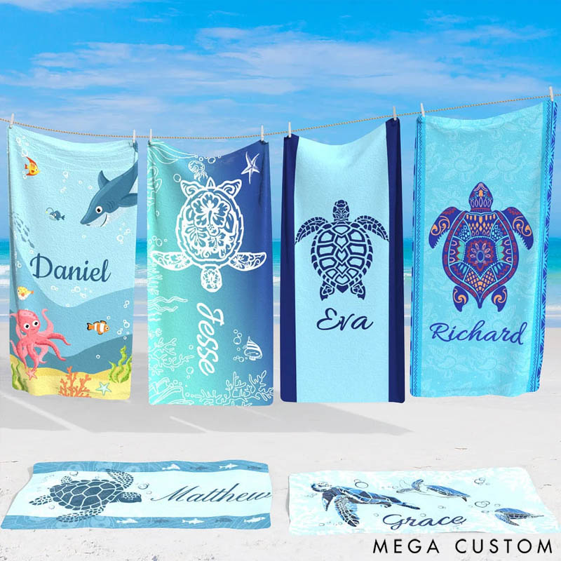 Personalized Underwater World Oversized Quick Dry Turtle Beach Towel with Name Summer Travel Essential Gift for Friend Family