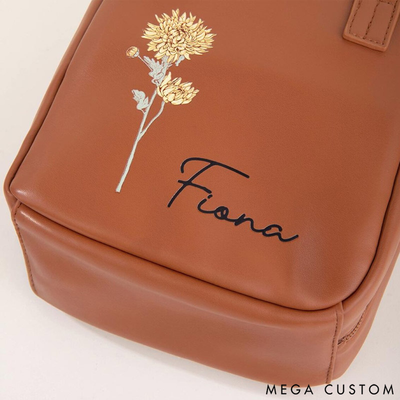 Personalized Birth Flower Name Portable PU Leather Makeup Bag with Handle and Multiple Compartments Travel Accessories Birthday Gift for Women Girls