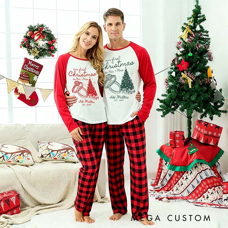 Personalized Couple Our First Christmas as Mr and Mrs Xmas Pajamas Custom Newlyweds Wedding Rings First Christmas Matching Pjs for Husband Wife