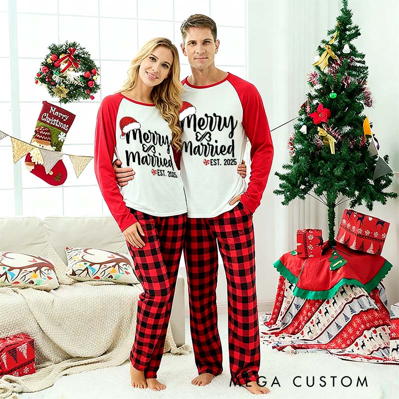 Personalized Couple Married and Merry with Santa Hat First Christmas Pajamas Custom Newlyweds Wedding First Christmas Matching Pjs for Husband Wife