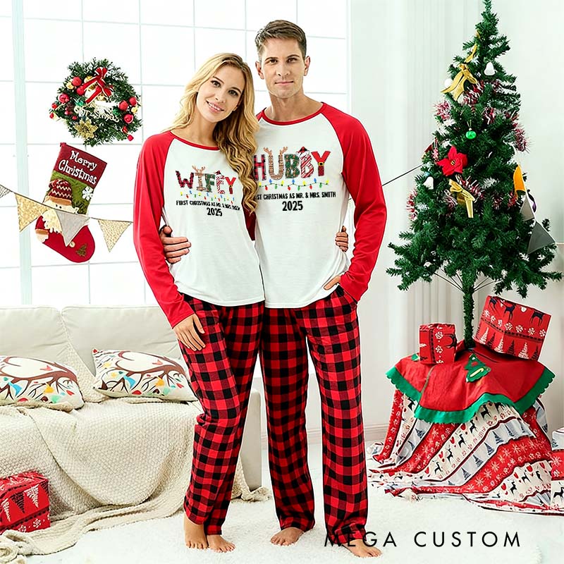 Personalized Couple Festive Hubby and Wifey First Christmas as Mr and Mrs Pajamas Custom Newlyweds Wedding Christmas Matching Pjs for Husband Wife