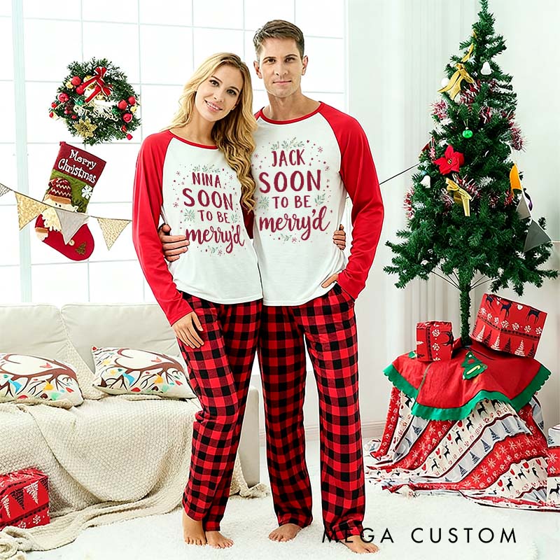 Personalized Couple Festive Soon to Be Merry’d First Christmas Pajamas Custom Newlyweds Holly accents Wedding Christmas Matching Pjs for Husband Wife