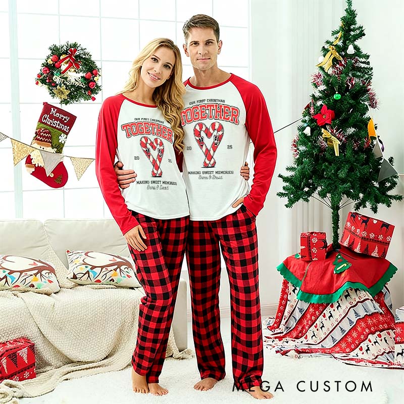 Personalized Couple Our First Christmas Making Sweet Memories Pajamas Custom Newlyweds Wedding Heart Candy Canes Xmas Matching Pjs for Husband Wife