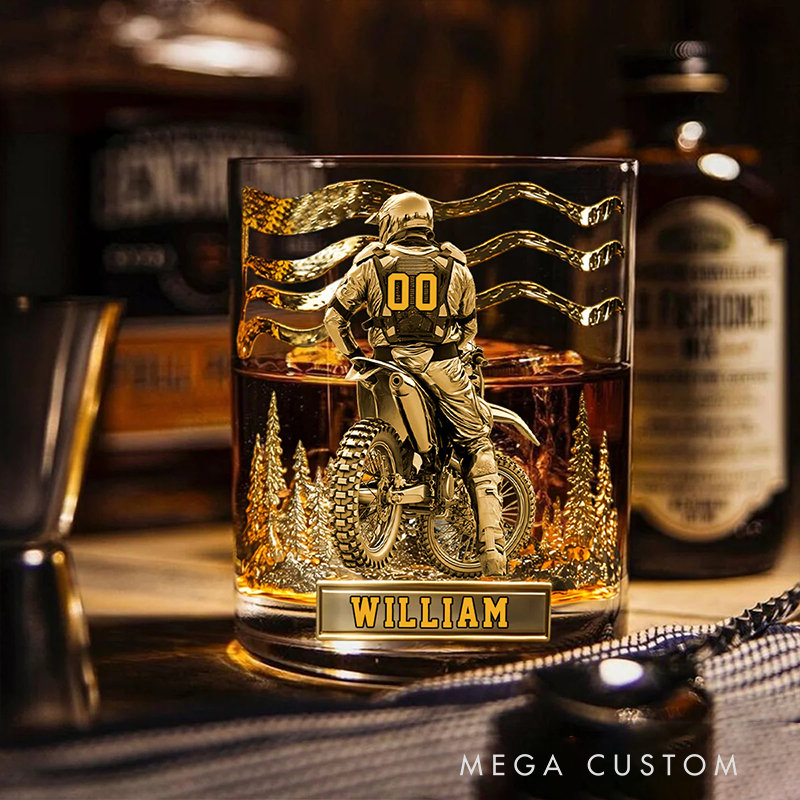 Personalized Motocross Racer Whiskey Glass Custom Name Design Rock Tumbler Gift for Motocross Racers and Motorcycle Lovers