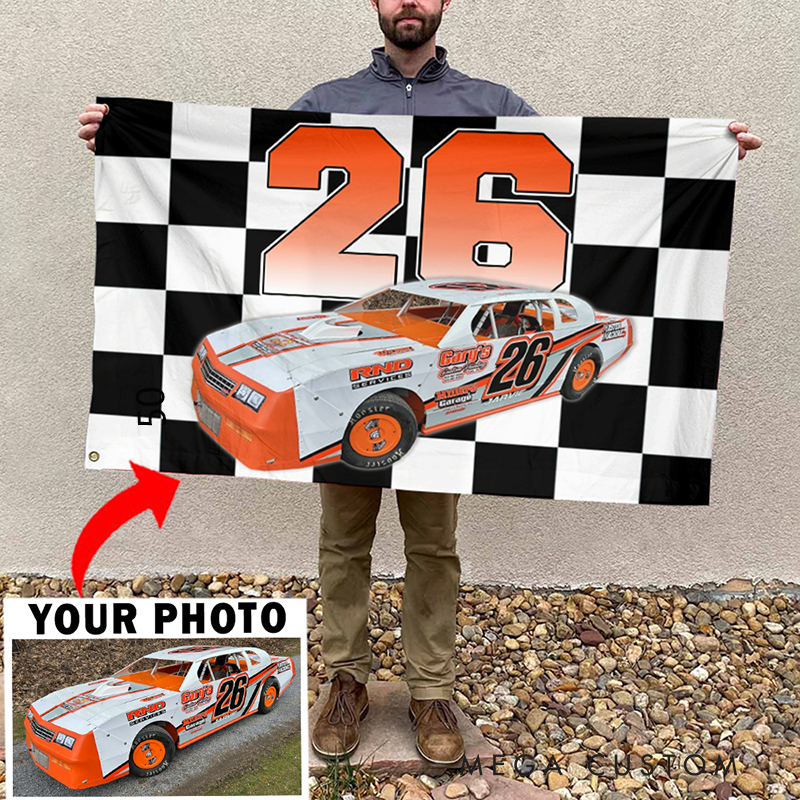 Personalized Check Flag Banner Custom Racing Car Photo Wall Hanging Gift for Racers and Racing Lovers