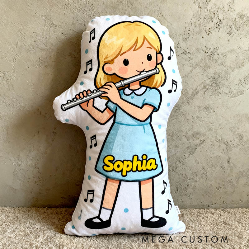 Personalized Flute Pillows with Customizable Skin Tone Hair Color and Name Soft Stuffed Toy for Kids Flute Lovers for Girls' Room and Music Room