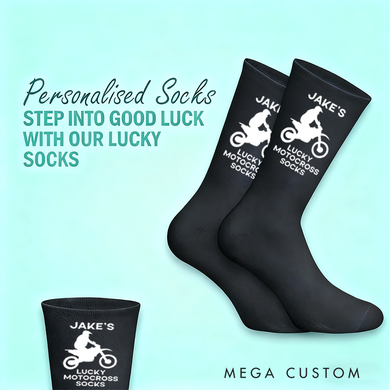 Personalized Lucky Motorcross Socks with Custom Name Motorcyclist Design Gift for Motorcyclists and Motorcycle Enthusiasts