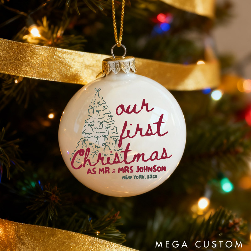 Personalized Our First Christmas as Mr and Mrs Christmas Ball Ornament Newlyweds Couple Tree Bow Married Xmas Ornament Christmas Gift for Him Her