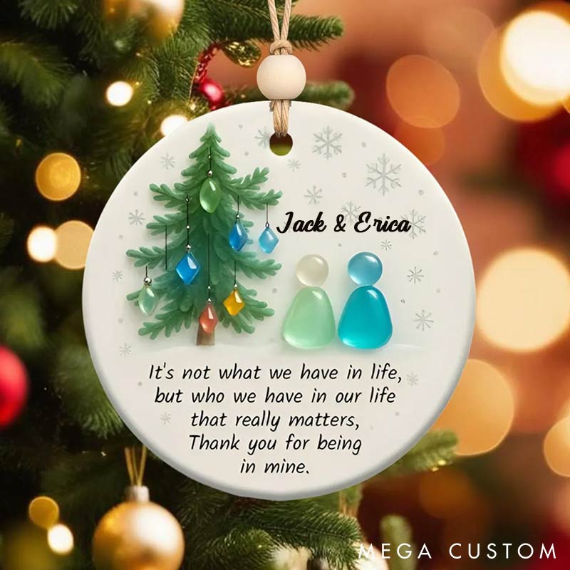 Personalized Faux Sea Glass Couple 2D Flag Chrismas Tree Couple Ornament Chrismas Decoration Gift for Husband Wife for Girfriend Boyfriend
