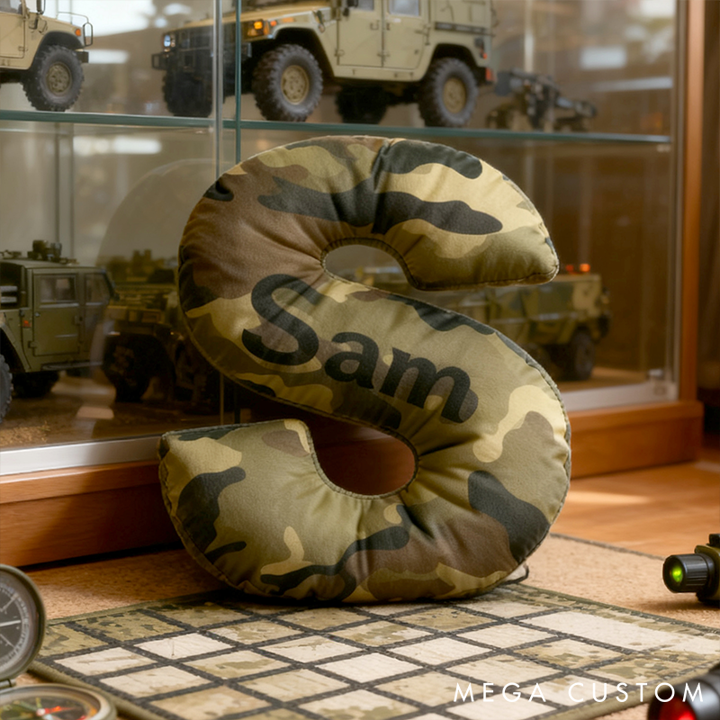 Personalized Camo Throw Pillow Initial Shaped Pillow Custom Throw Pillow with Name Military Style Pillow Gift for Men Boys Military Adventure-Themed Gifts