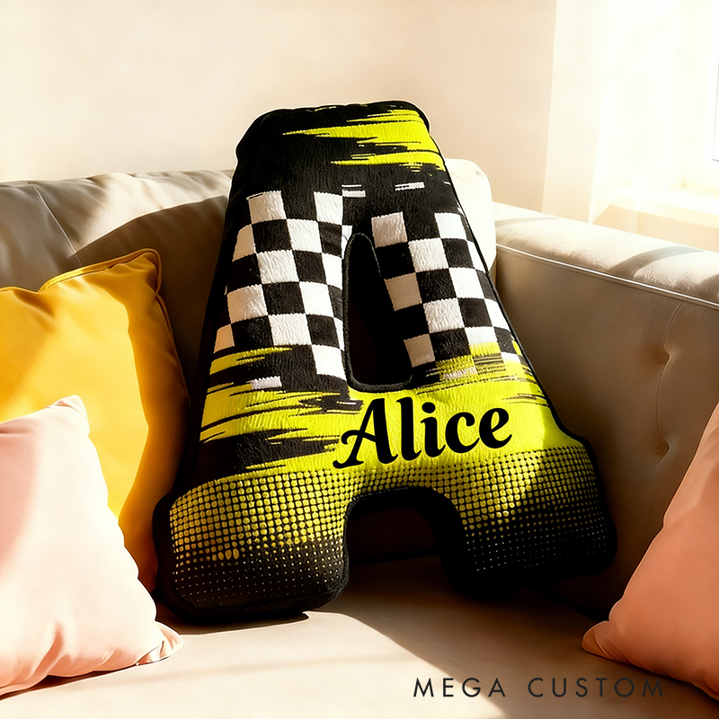 Personalized Racing Letter Pillow 3D Graphic Print Custom Name Alphabet Cushion for Racers and Motorsport Fans