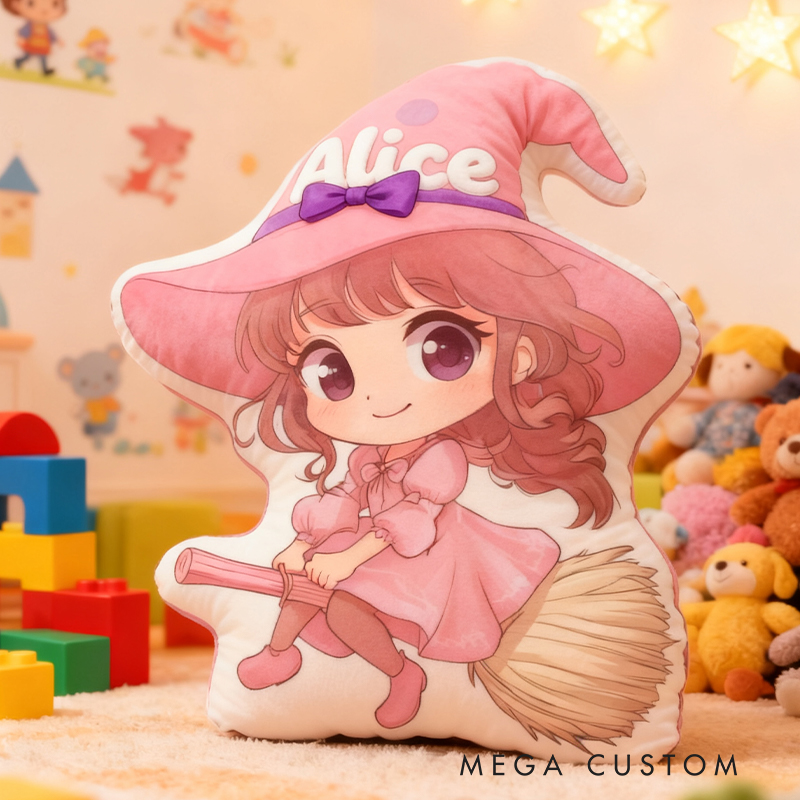 Personalized Graphic 3D Print Magic Witch Pillow with Your Name Soft Stuffed Toy for Kids Unique Decorative Cushion for Girls' Room
