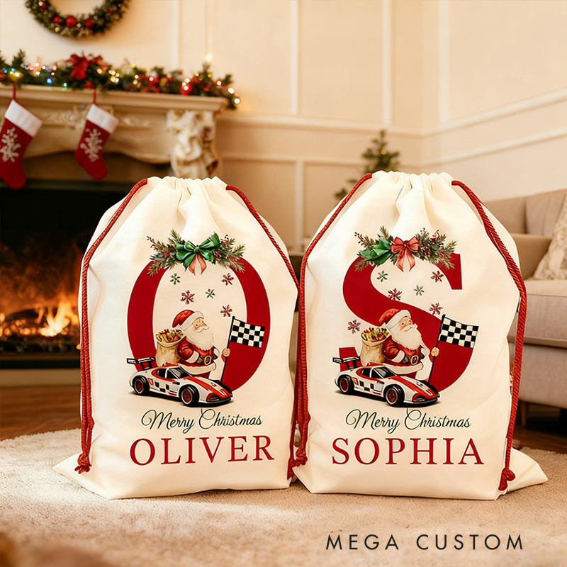 Personalized Racing Car Christmas Sack Custom Initial and Name Gift Bag for Racing Car Lovers and Holiday Celebration