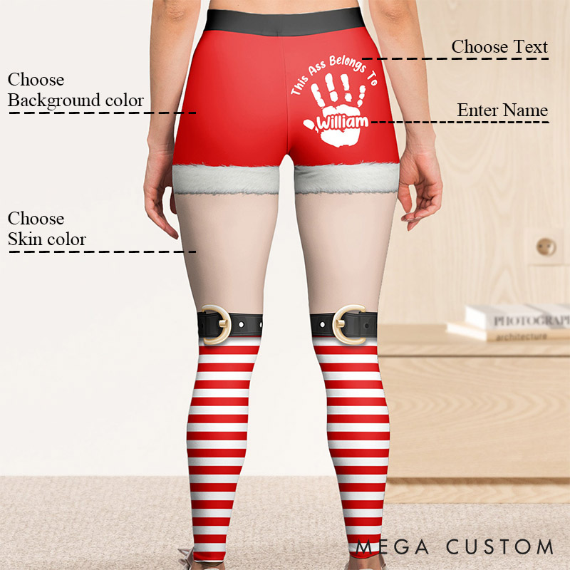 Personalized Funny Girlfriend Wife This Ass Belongs To Boyfriend Husband Leggings Woman Christmas Elf Leggings with Man Name Christmas Gift for Her