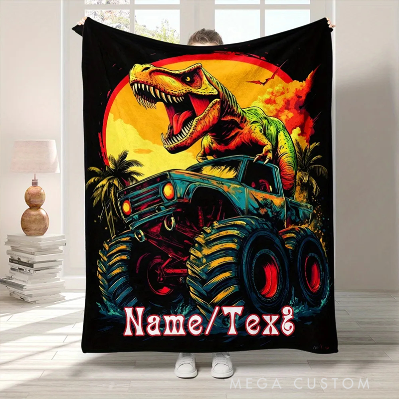 Personalized Dinosaur Truck Adventure Blanket Custom Name Throw Blanket Gift