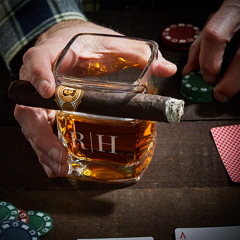 Personalized Bourbon Glass Custom Whiskey Glass with Cigar Holder Engraved Cigar Accessories for Whiskey Lovers