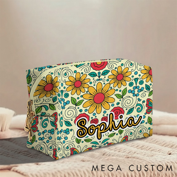 Personalized Multicolored Bright Sunflower Toiletry Bag Custom Name for Kids Travel Gifts and Daily Use