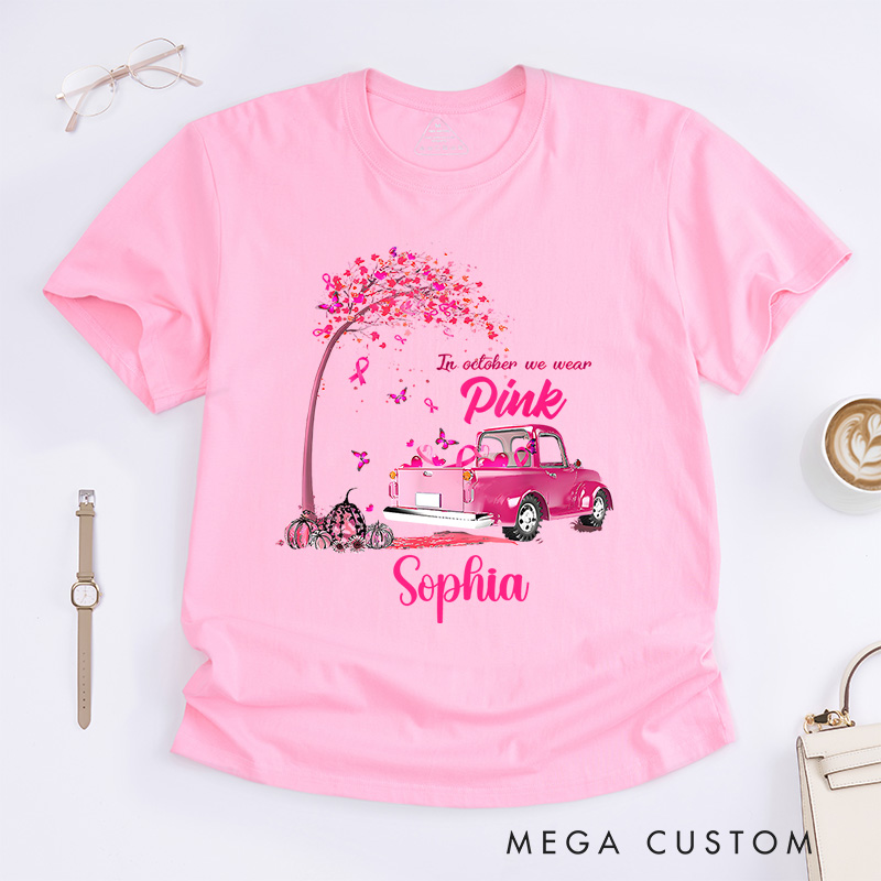 Personalized In October We Wear Pink Vintage Car Breast Cancer T-shirt