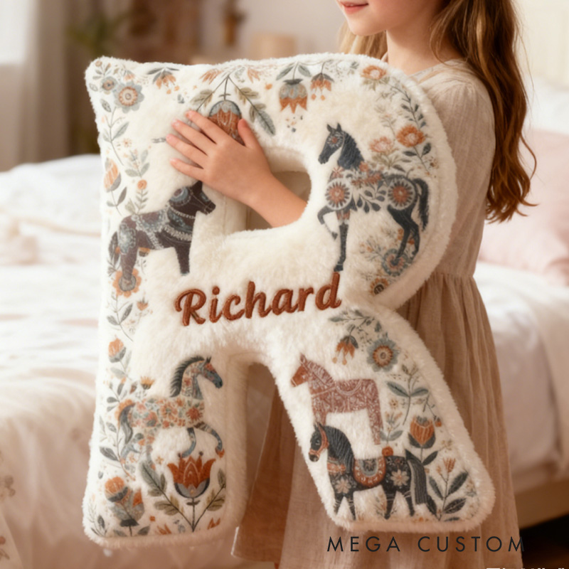 Personalized Riding Colorful Floral Letter Pillow Floral Horse Custom Name Festive Flower Decor with French Countryside Gifts for Family Graphic 3D Print for Riding Lovers Equestrian Lovers