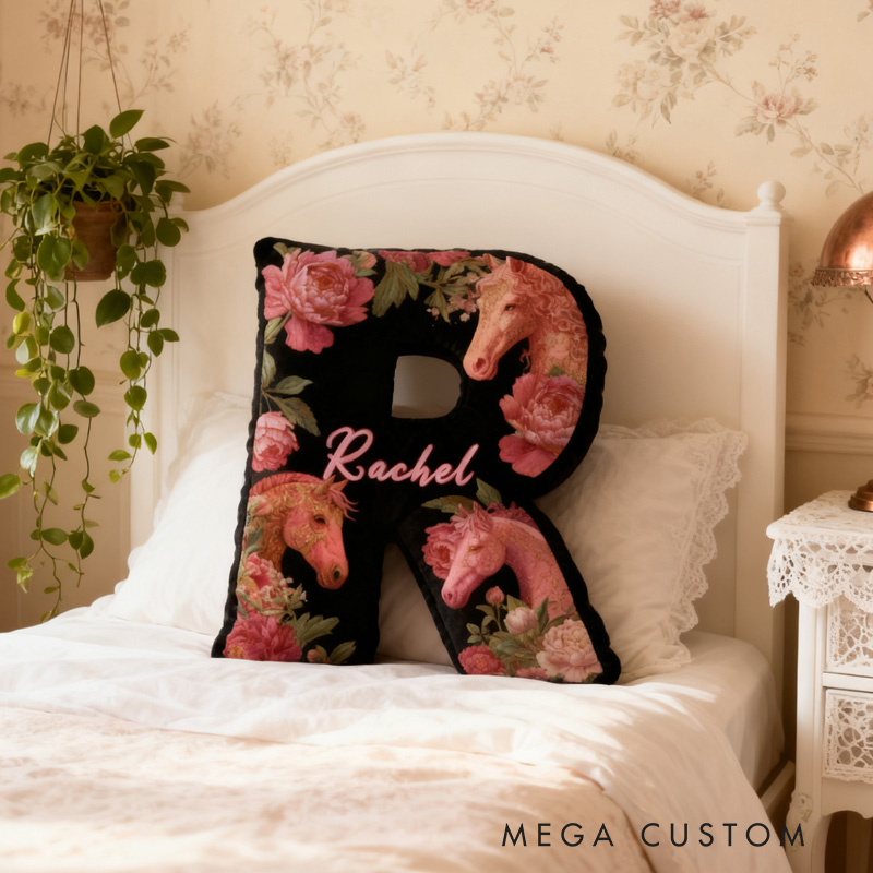 Personalized Riding Equestrian Floral Letter Pillow Horse Custom Name Festive Flower Decor with French Countryside Gifts for Family Graphic 3D Print for Riding Lovers Equestrian Lovers
