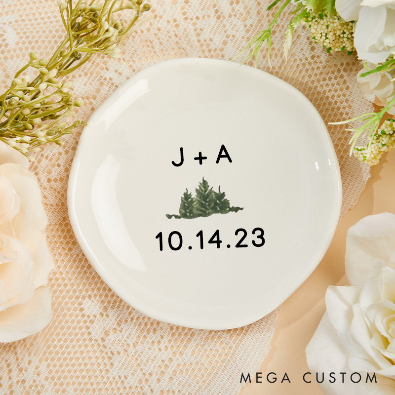 Personalized Minimalist Evergreen with Initials and Date Wedding Engagement Irregular Round Ring Dish