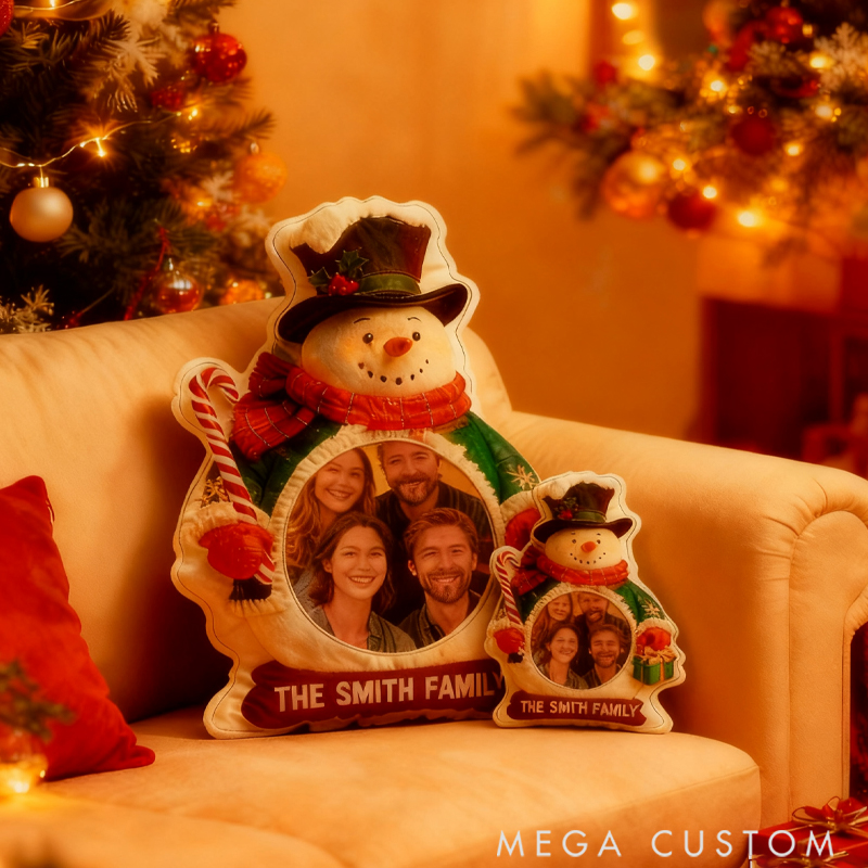 Personalized Upload Photo Christmas Snowman Shaped Holiday Festival Pillow Gift for Family