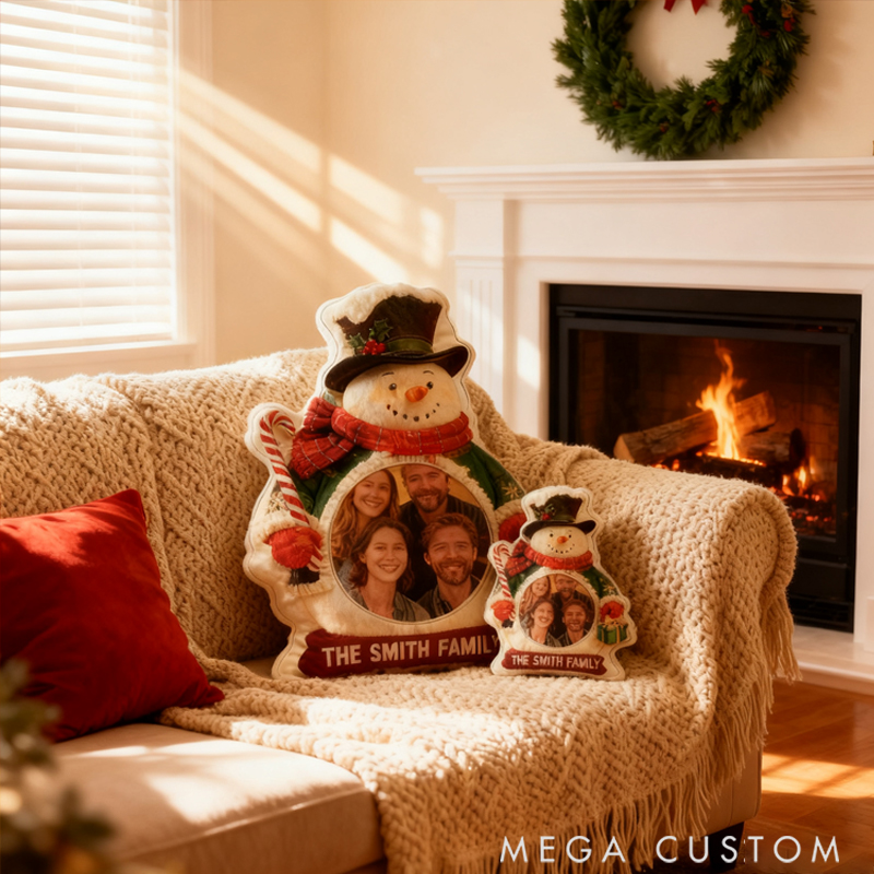 Personalized Upload Photo Christmas Snowman Shaped Holiday Festival Pillow Gift for Family