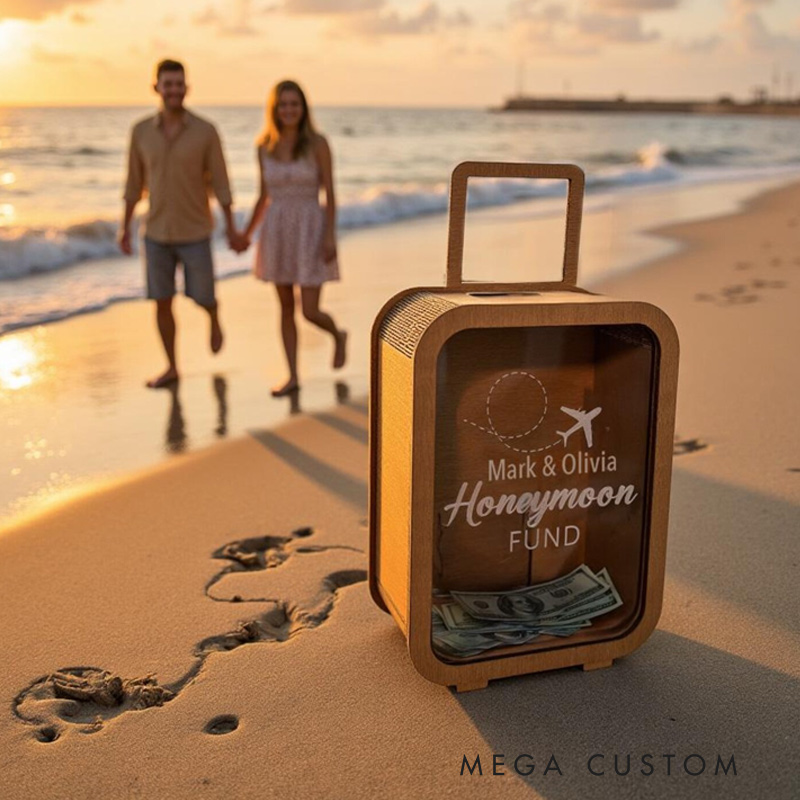Personalized Honeymoon Fund Box Wooden Suitcase Money Bank Newlywed Travel Bridal Shower Gift