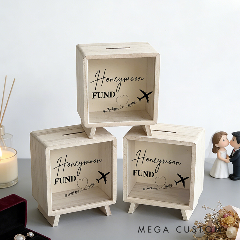 Personalized Wooden Piggy Bank Honeymoon Fund Travel Fund Gift for Travel Enthusiasts Custom Name