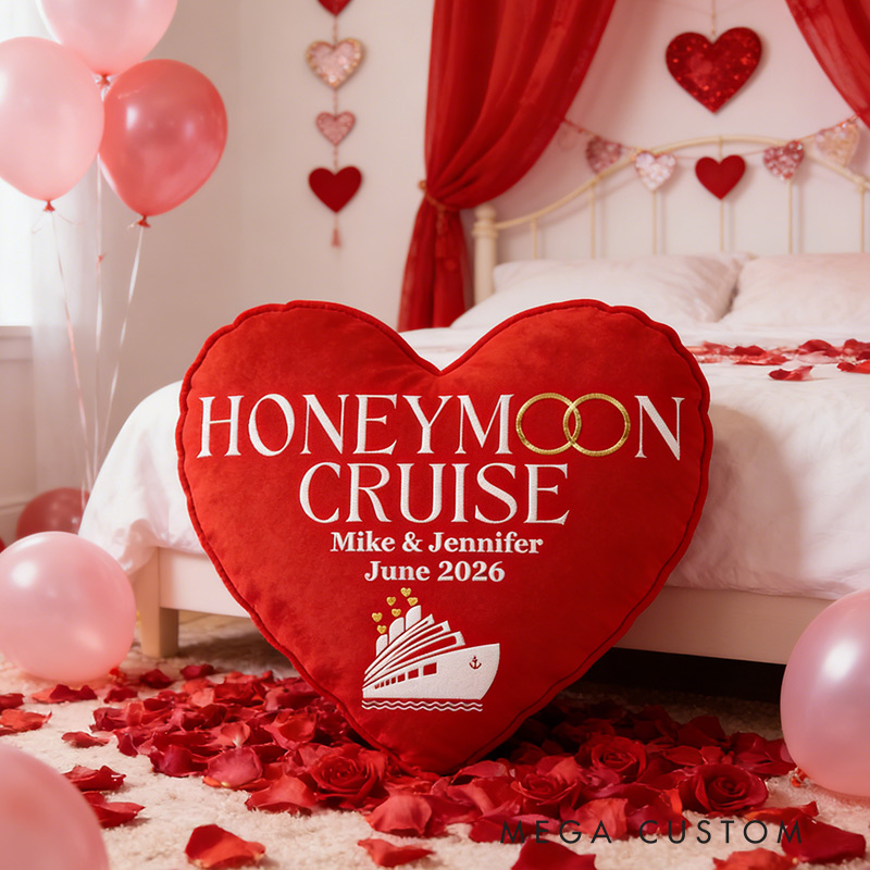Personalized Honeymoon Cruise Pillow Graphic 3D Print Red Heart-Shaped Ship Honeymoon Cruise Valentine's Day Vacation Date for Travel Lovers
