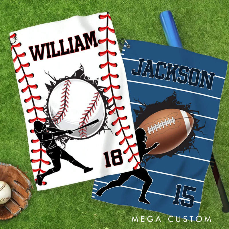 Personalized Character Silhouette Sports Towel with Name Number and Hanging Clip Game Day Gift for Sports Lovers