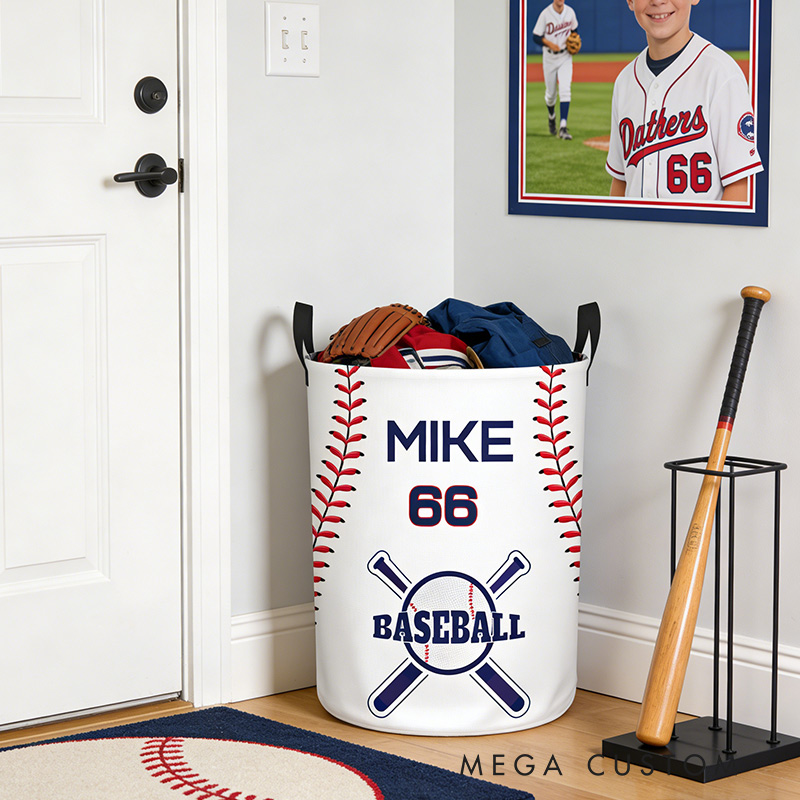 Personalized Baseball Laundry Basket Baseball Pattern Printed with Custom Name and Number