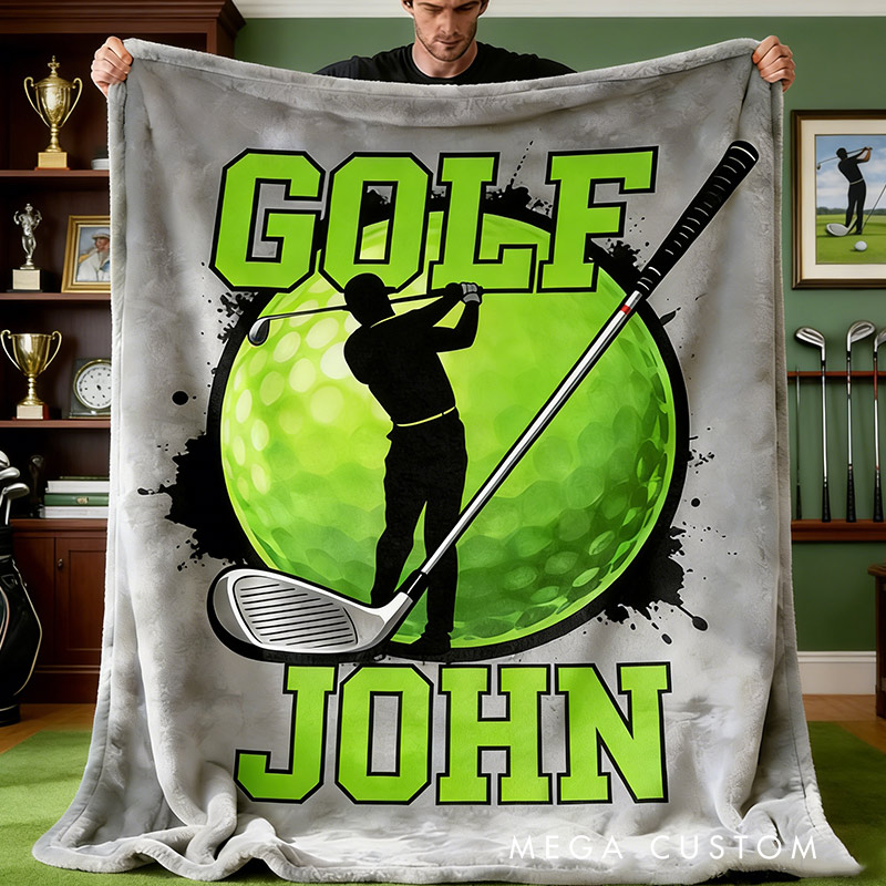 Personalized Golf Blanket with Golf Clubs and Ball Custom Name Gift for Him