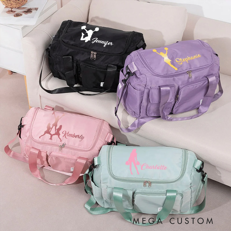 Personalized Cheerleader Silhouette Multi-compartment Large Travel Bag with Name and Shoulder Strap Cheerleading Gift for Women Girls