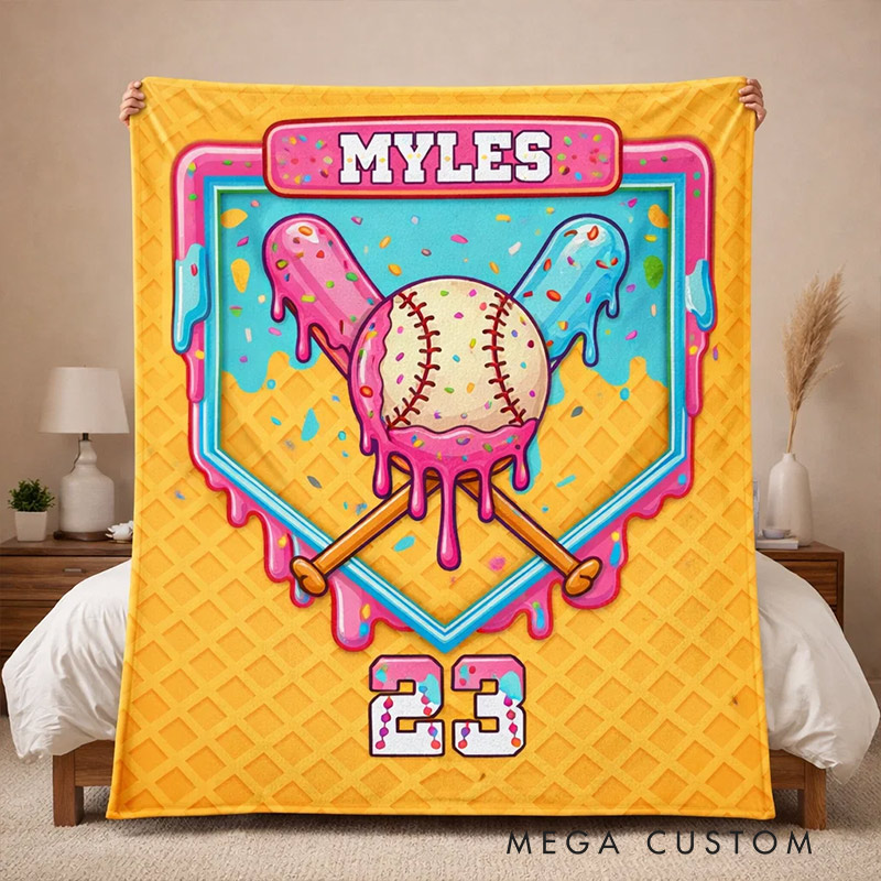 Personalized Baseball Blanket with Melting Ice Cream Baseball Custom Name and Number Baseball Lovers