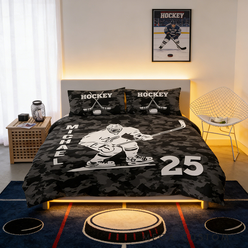 Personalized Hockey Player Bedding Set with Custom Name and Number Hockey Lovers Gift for Him
