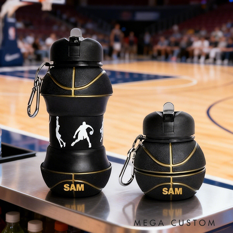 Personalized Foldable Basketball Water Cup Silicone Basketball Sports Water Bottle Custom Name Gift for Basketball Lovers