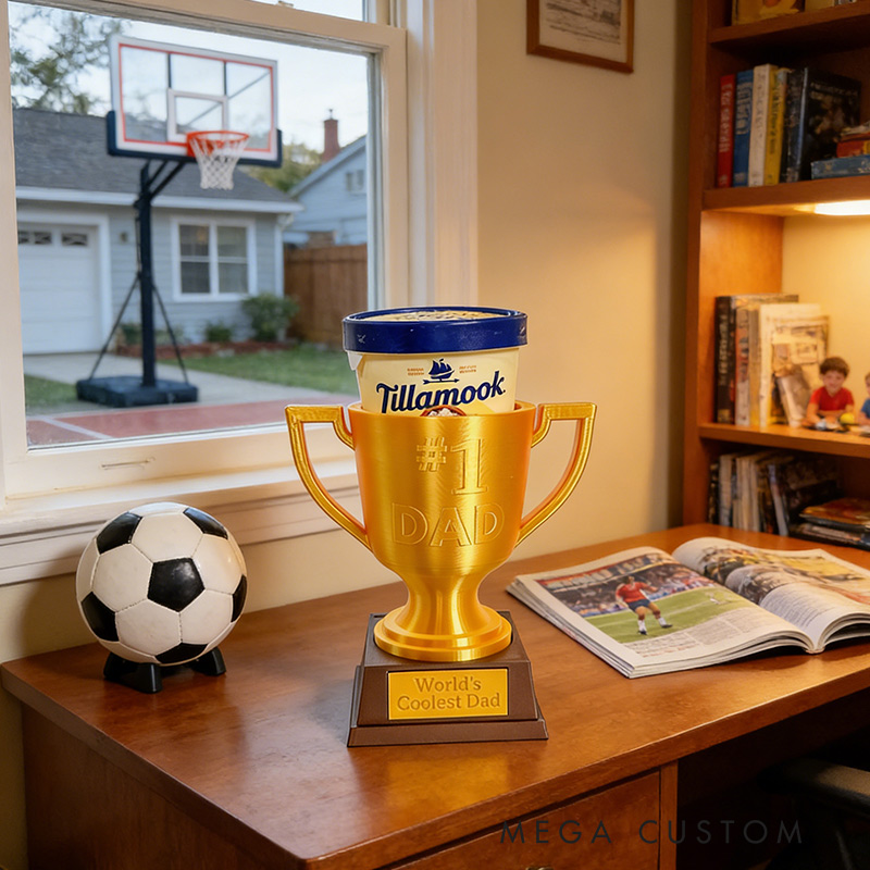 Personalized Champs Trophy Ice Cream Pint Holder Sports Golden Trophy with Custom Text and Number Gift for Dad