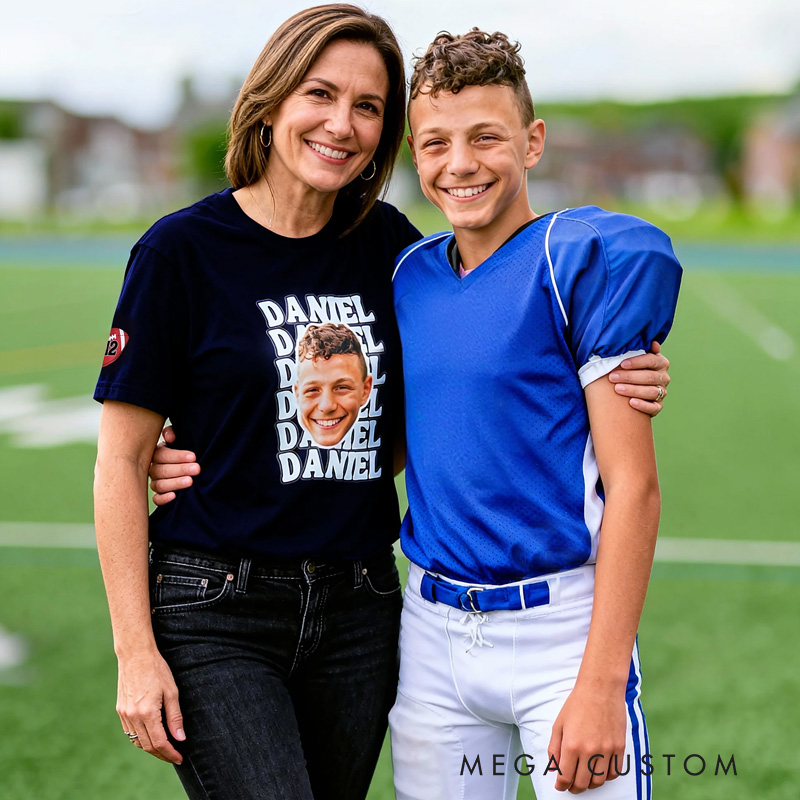 Personalized Funny Photo Baseball Football Kid Adult T-shirt with Name and Number Birthday Sports Game Day Gift for Sports Lovers